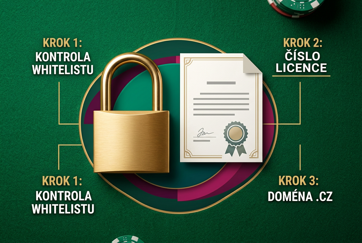 Detailní infografika na zeleném plátně zobrazující kroky k ověření licence s ikonami zámku a certifikátu